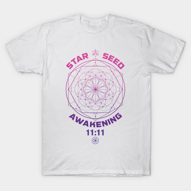 Starseed Awakening 11:11 Sacred Geometry T-Shirt by LadyMoldavite